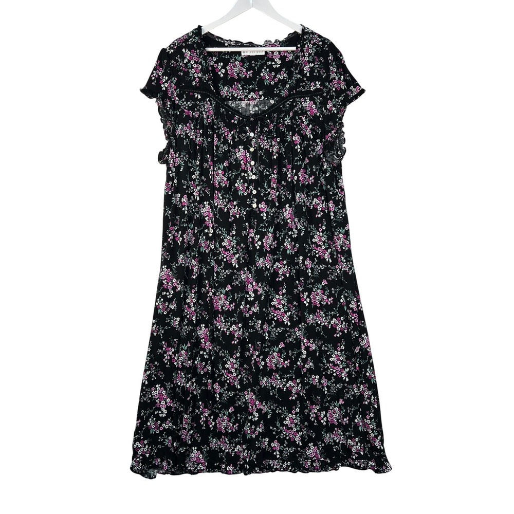 Eileen West Black Floral Nightgown Daydress 2X Short Sleeve Lace Trim Cotton - Picture 1 of 9